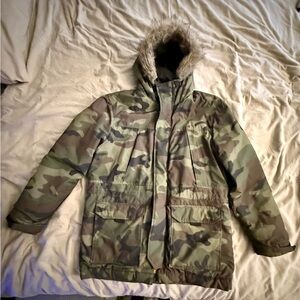 Camouflage Hooded Parka with Fur Trim